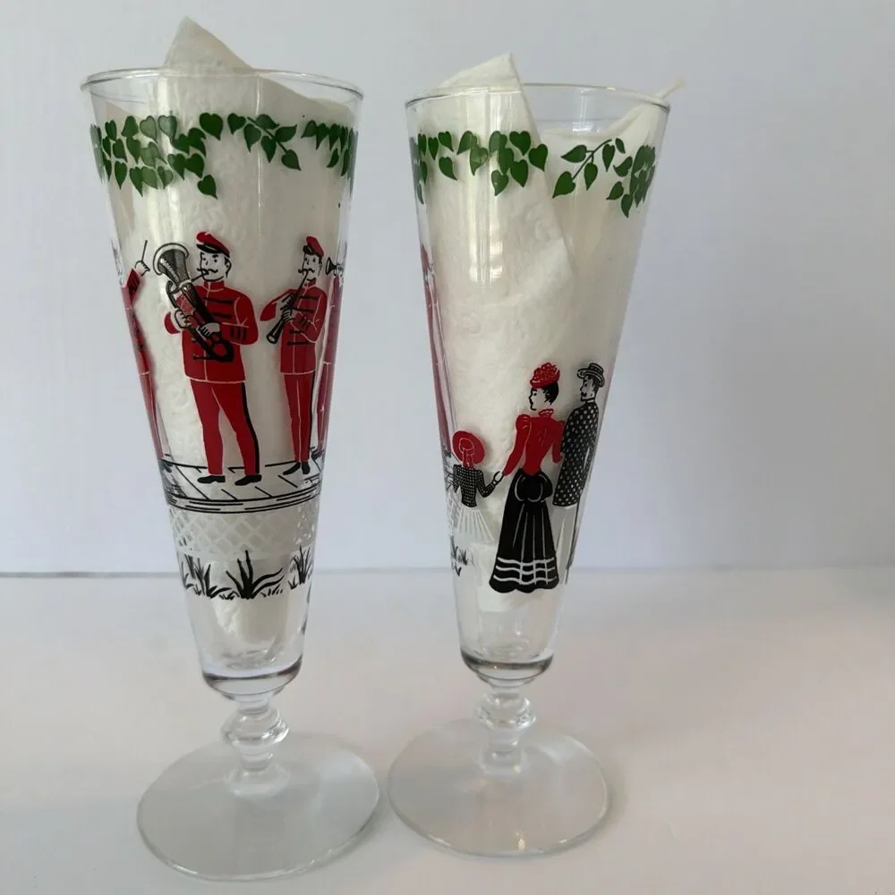 Vintage Pilsner Beer Glasses Pair Footed Barware Musicians Victorian Pub Tavern